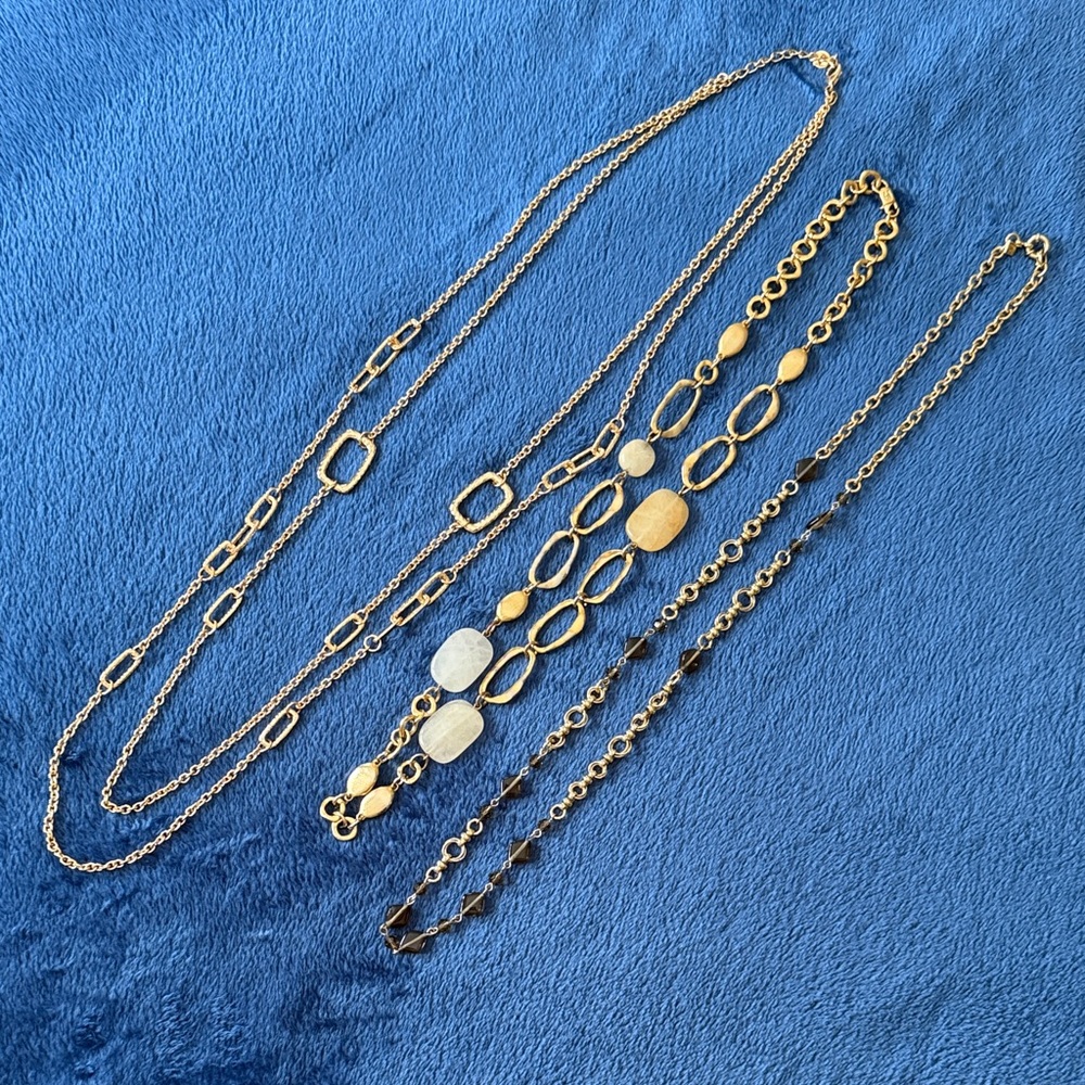 3 Gold Tone, Stone, Glass & Chain Necklaces